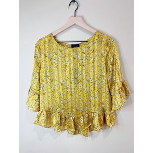 W5 Yellow Floral Print Ruffled Mid Sleeve Blouse